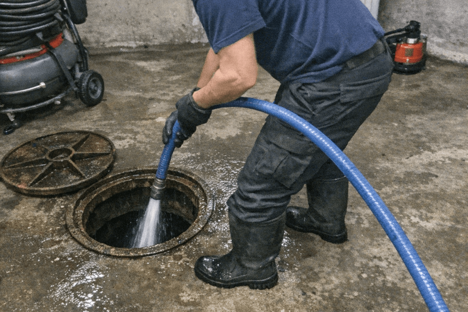 Techniker spült die Grundleitung mit Hochdruck