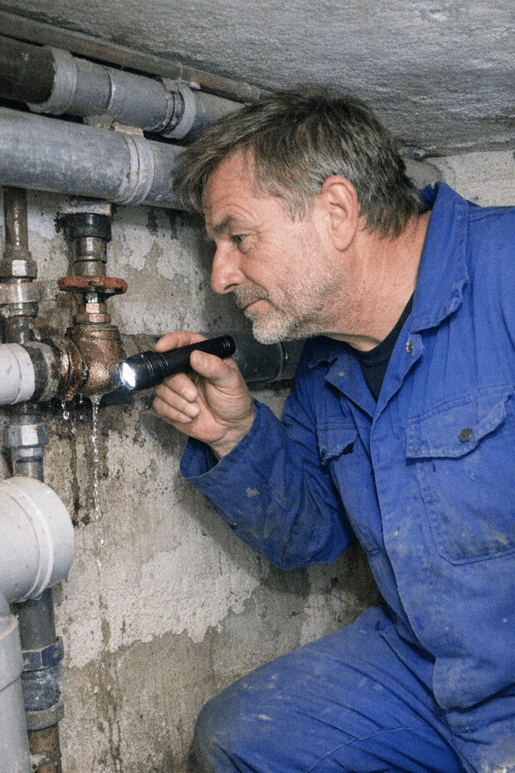 Erfahrener Handwerker begutachtet das Rohrsystem